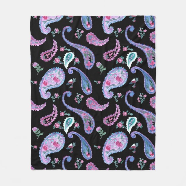 Akvarell Paisley Svart Lavendel Rosa Blå Fleecefilt (Framsidan)