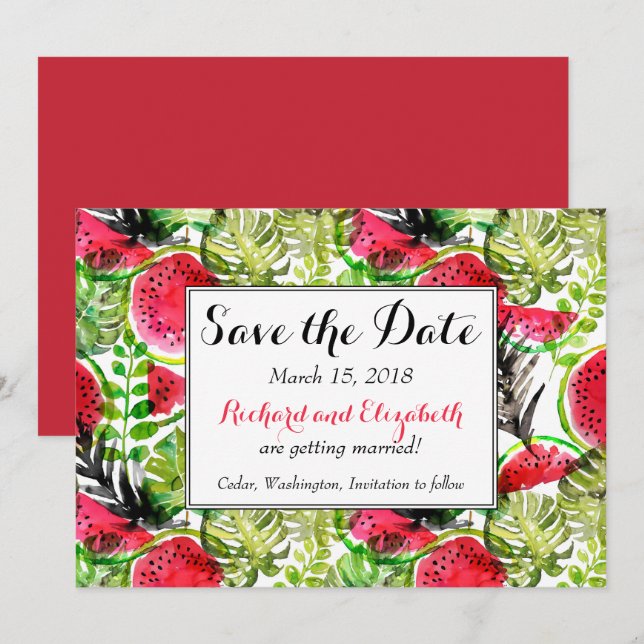 Akvarell palmblad vattenmelon Save the Date Inbjudningar (Fram/baksida)