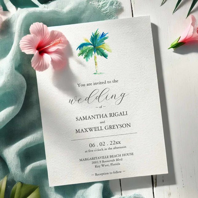 Akvarell Palmtre Anpassad Bröllopsinbjudan (Beach weddings in Florida wedding invitations personalized with your info & original watercolor art)