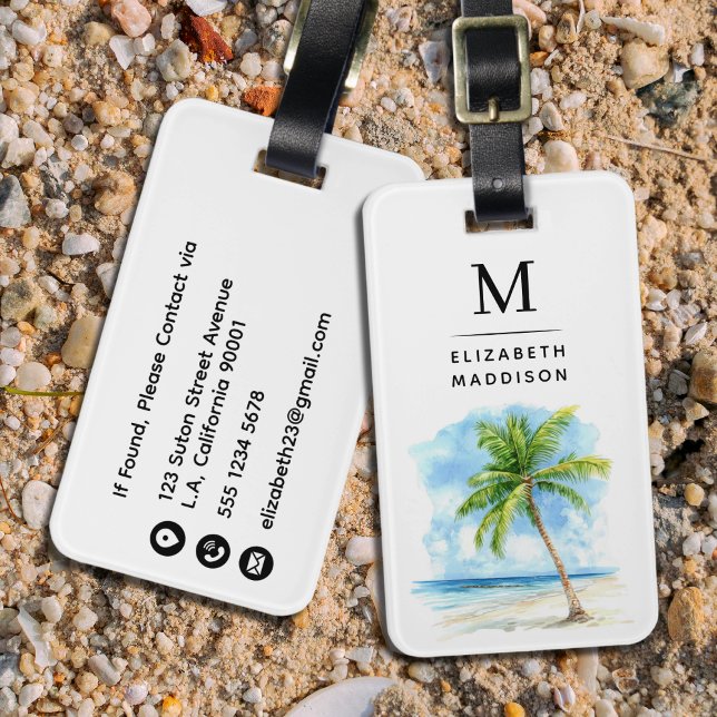Akvarell Palmtree Strand Semester Monogram Bagagebricka (Skapare uppladdad)
