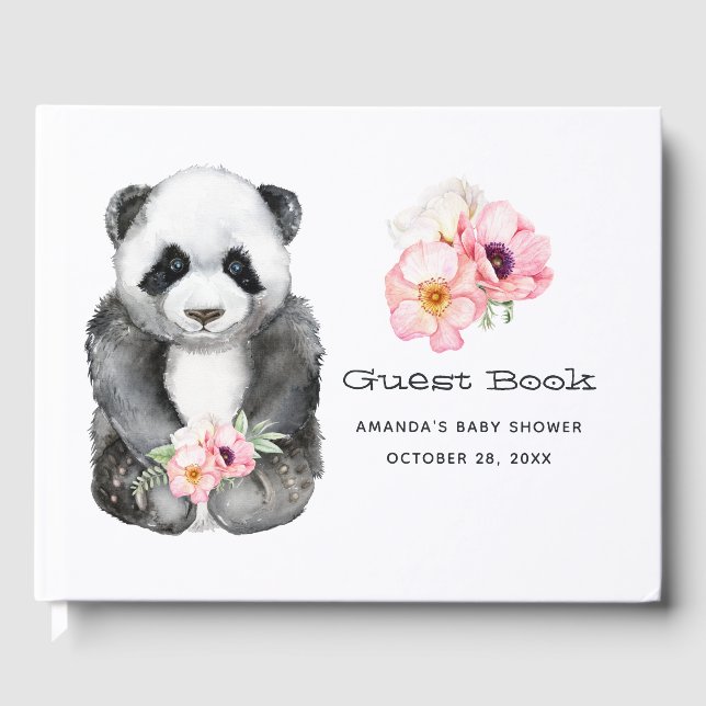Akvarell Panda Blommig Flicka Bebis Shower Gästböcker (Framsida)