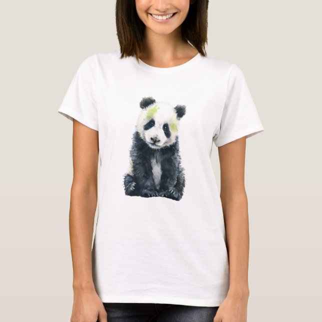 Akvarell Panda med Grön Bambu Stänk Kvinnor T Shirt (Framsida)