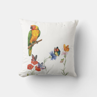 akvarell papegoja och fjärilar design kudde
