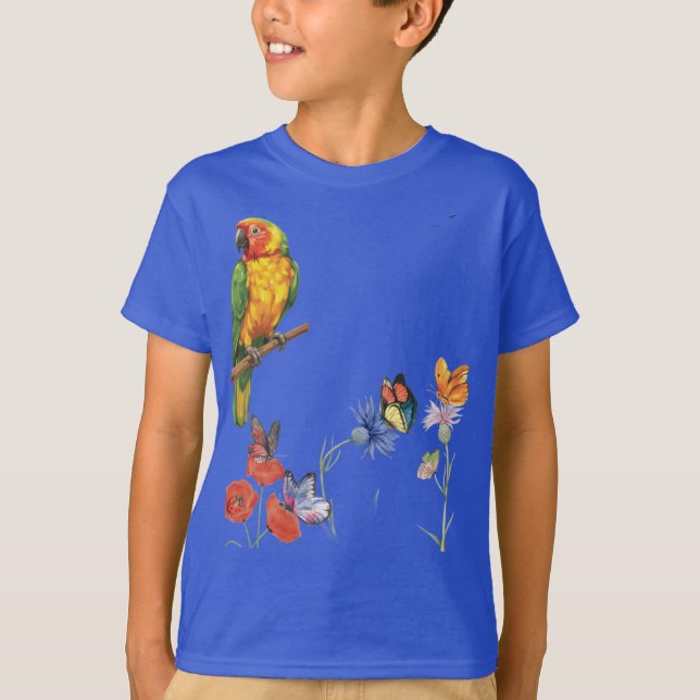 akvarell papegoja och fjärilar design t shirt (Framsida)