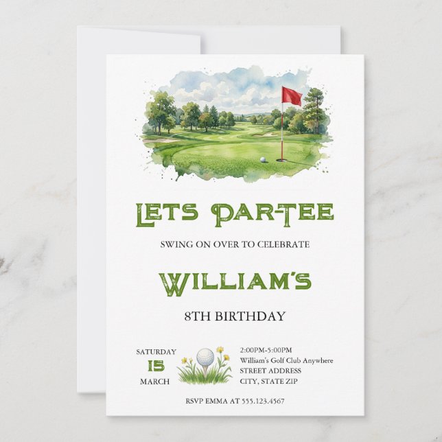 Akvarell Par-Tee Golfbana Födelsedag Inbjudningar (Framsida)