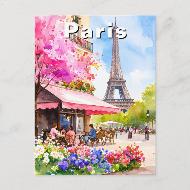 Akvarell Paris Eiffeltornet & Café Resa Vykort (Framsida)