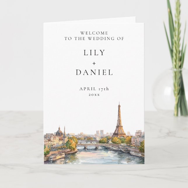 Akvarell Paris Frankrike Elegant Bröllop Program (Framsida)
