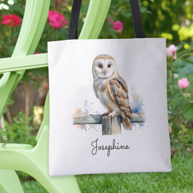 Akvarell Pärluggla Personlig Återanvändbar Tygkasse (A personalized tote bag with picture of a barn owl in a watercolor style)