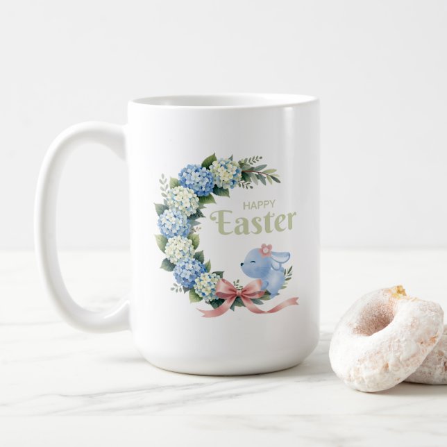 Akvarell Påsk Hydrangea Krans Söt Kanin Kaffemugg (Med munk)