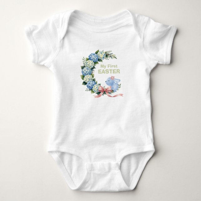 Akvarell Påsk Hydrangea Krans Söt Kanin T Shirt (Framsida)