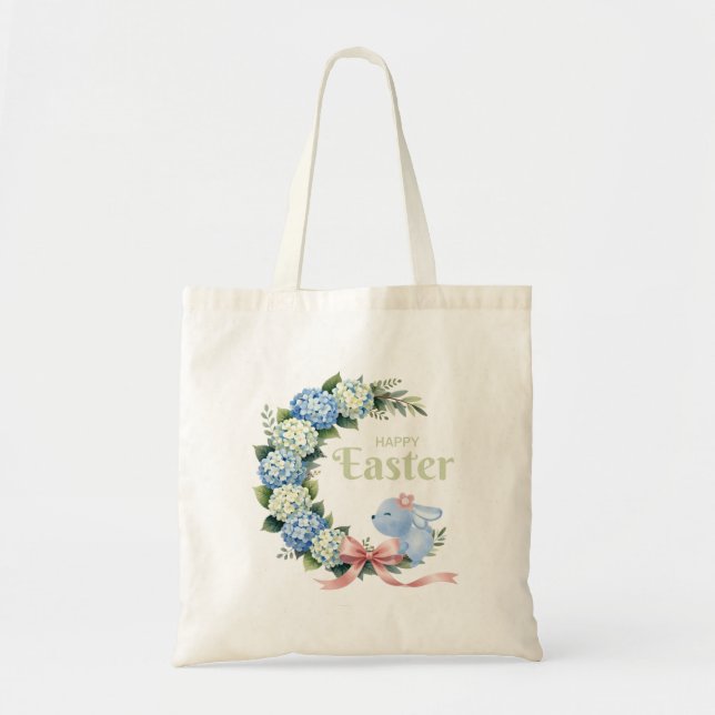 Akvarell Påsk Hydrangea Krans Söt Kanin Tygkasse (Framsidan)