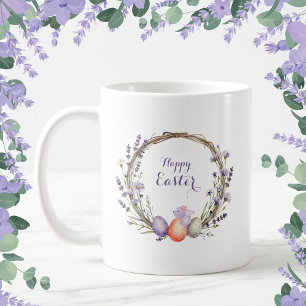Akvarell Påsk Lavendel Krans Ägg Söt Kanin Kaffemugg