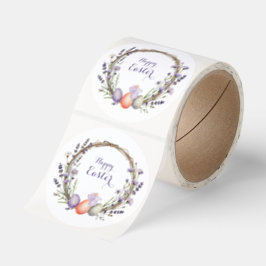 Akvarell Påsk Lavendel Krans Ägg Söt Kanin Runt Klistermärke