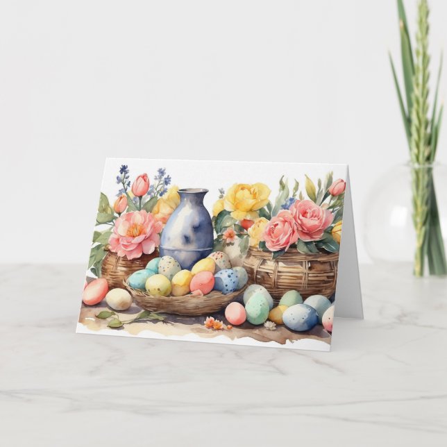 Akvarell Påskillustration med blommor, ägg Helgkort (Framsida)