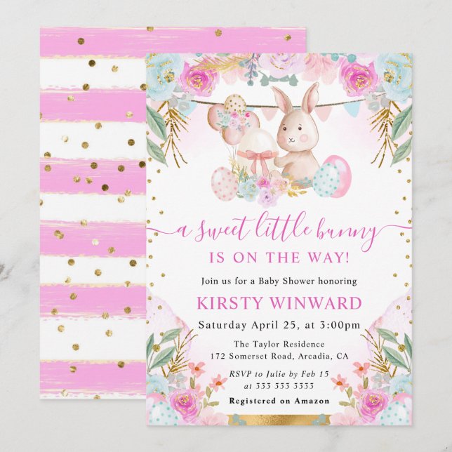 Akvarell Påskkanin och blommor Baby Shower Inbjudningar (Fram/baksida)
