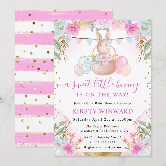 Akvarell Påskkanin och blommor Baby Shower Inbjudningar (Fram/baksida)