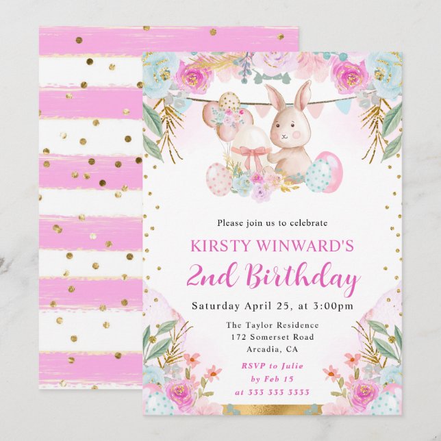 Akvarell Påskkanin och blommor Födelsedag Inbjudningar (Fram/baksida)