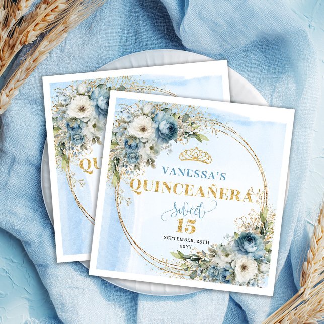 Akvarell Pastell Blå Blommor Grönska Guld 15:e  Pappersservett (Watercolor Pastel Blue Flowers Greenery Gold 15th Birthday)