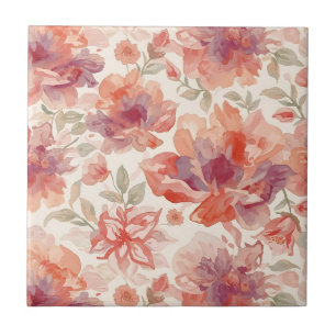 Akvarell Pastell Blommor Ljus Orange Kakelplatta
