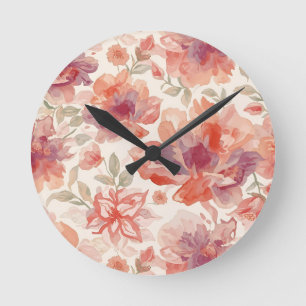 Akvarell Pastell Blommor Ljus Orange Rund Klocka