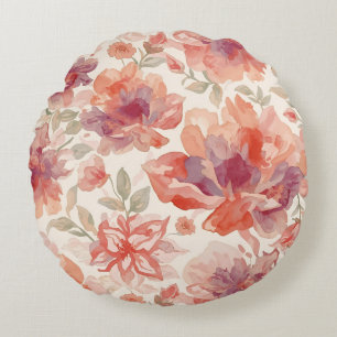 Akvarell Pastell Blommor Ljus Orange Rund Kudde