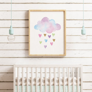 Akvarell Pastell Hjärtan Moln Baby Flicka Nurseri Poster