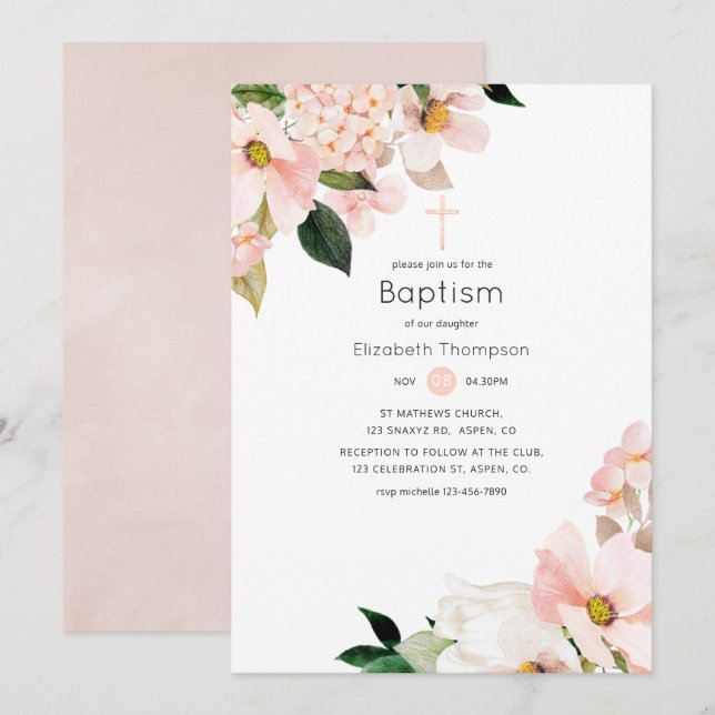 Akvarell Pastell Rosa Blommig Dopceremoni Inbjudningar (Fram/baksida)
