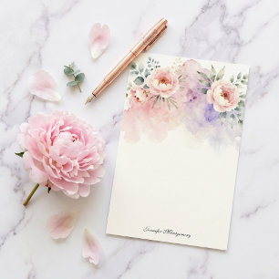 Akvarell Pastell Rosa Lavendel Peony Blomma Brevpapper