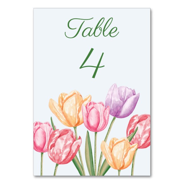 Akvarell Pastell Tuli Blommor Vårbröllop Bordsnummer (Framsidan)