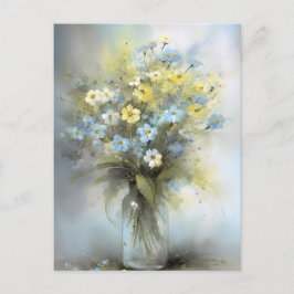 Akvarell Pastellblå, Vit, Gul Tusenskönsblomma Vykort