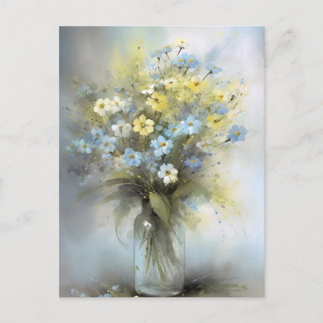 Akvarell Pastellblå, Vit, Gul Tusenskönsblomma Vykort (Framsida)
