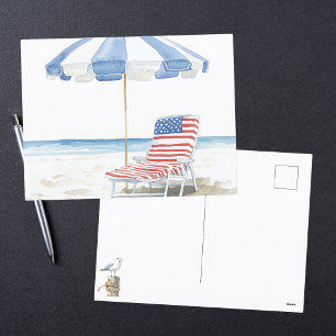 Akvarell Patriotisk Röd Vit & Blå Strandscen Helg Vykort