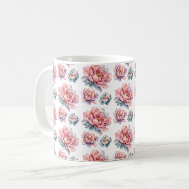 Akvarell Peony Blommor Kaffemugg (Framsida vänster)