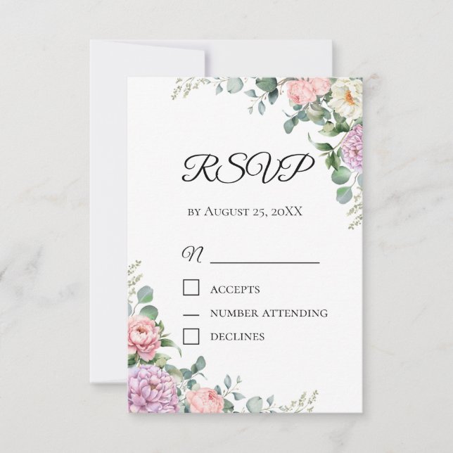 Akvarell Peony & Eukalyptus RSVP-kort | Vår OSA Kort (Framsida)