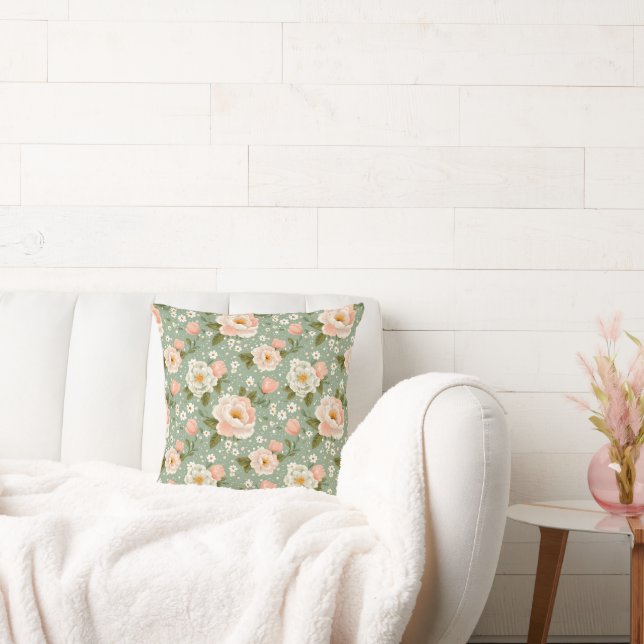 Akvarell Persika och Grön Blommig Kudde (Soffa)