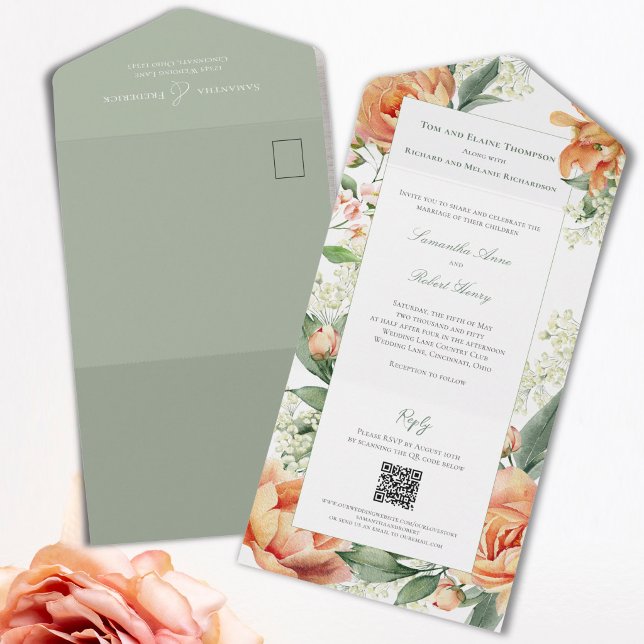 Akvarell Persikofjäril Bröllop Allt-i-ett  (Watercolor peach floral wedding invitation with sage green accents and tear-away RSVP card.)