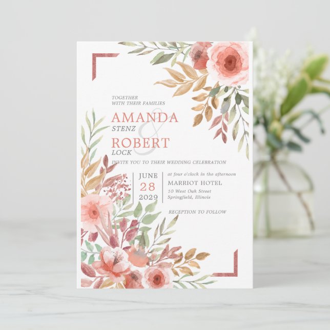 Akvarell Persikor Rosa Blommig Vårbröllop Inbjudningar (Stående Fram)