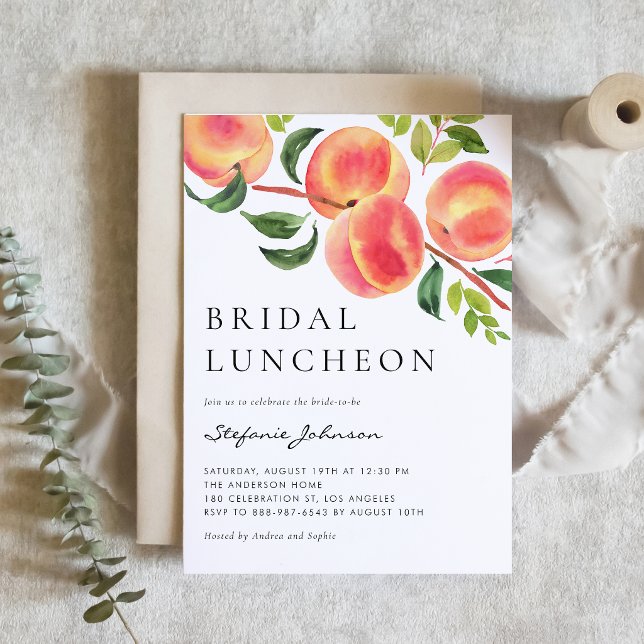 Akvarell Persikor Sommar Bröllops Lunch Inbjudningar (Watercolor peach bridal luncheon invitation for a sweet summer celebration.)