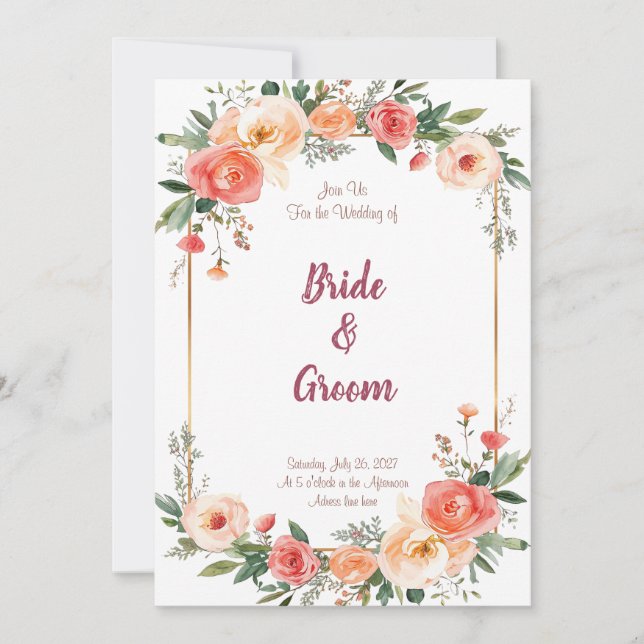 Akvarell Persikorall Rosa Guld Ram Floral Inbjudningar (Framsida)