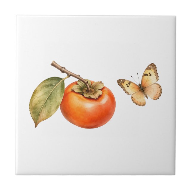 Akvarell Persimmon Frukt och Fjäril  Kakelplatta (Framsidan)