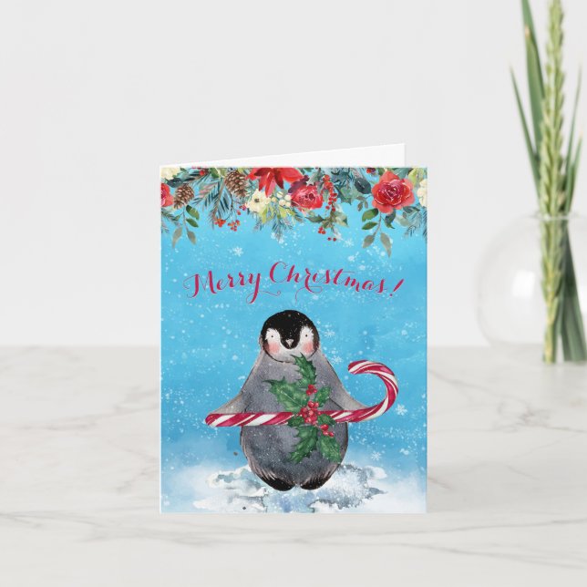 Akvarell Pingvin God Jul Helgkort (Framsida)
