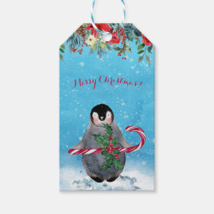 Akvarell Pingvin God Jul Presentetikett