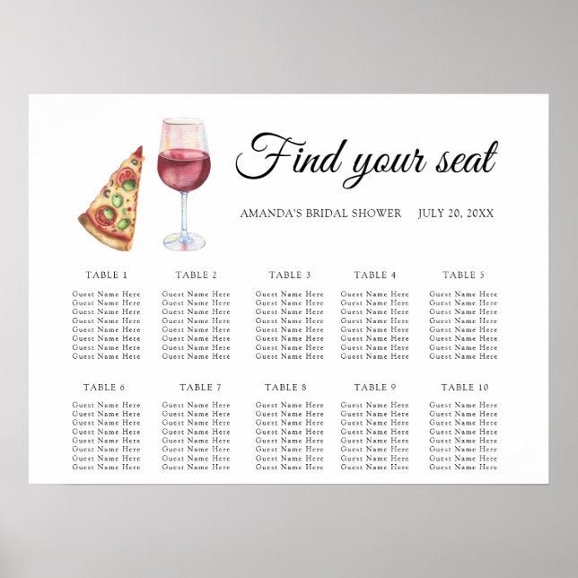 Akvarell pizza och vin Bröllops platsindelning Poster (Framsidan)