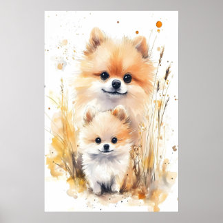 Akvarell Pomeranian Mamma och Bebis Tryck, Barnkam Poster