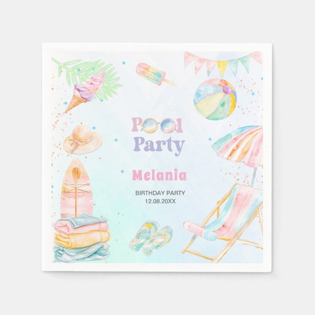     Akvarell poolparty födelsedagsommar Pappers Ta Pappersservett (Framsidan)
