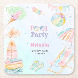Akvarell poolparty födelsedagsommar Pappers Ta Underlägg Papper Kvadrat