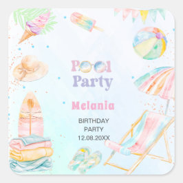 Akvarell poolparty födelsedagsommar Pappersfat Fyrkantigt Klistermärke