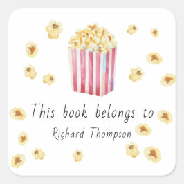 Akvarell Popcorn Den här boken tillhör Fyrkantigt Klistermärke