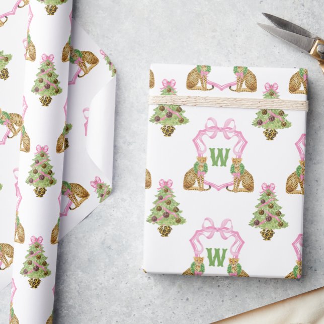Akvarell Preppy Leopard Jul Monogram Vapen Presentpapper (Skapare uppladdad)
