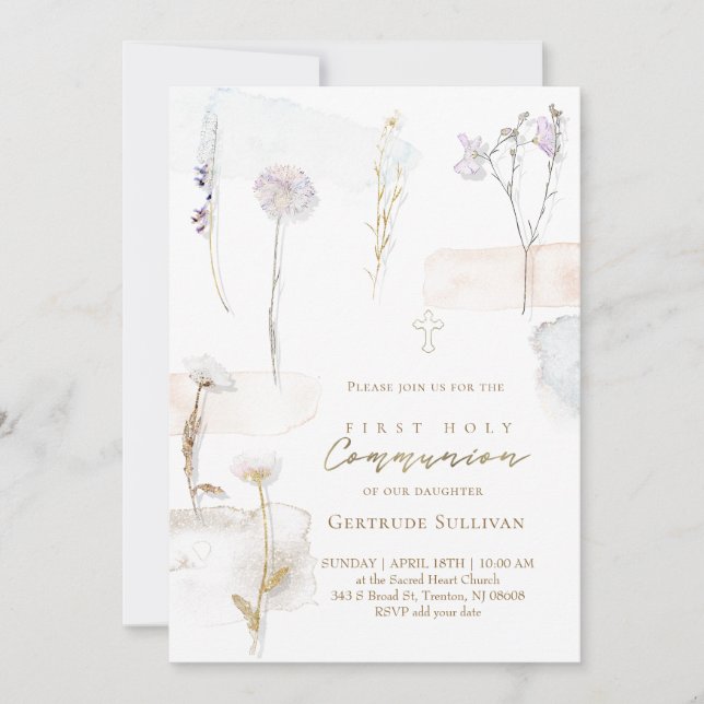 akvarell pressade blommor Första nattvarden Inbjudningar (Framsida)